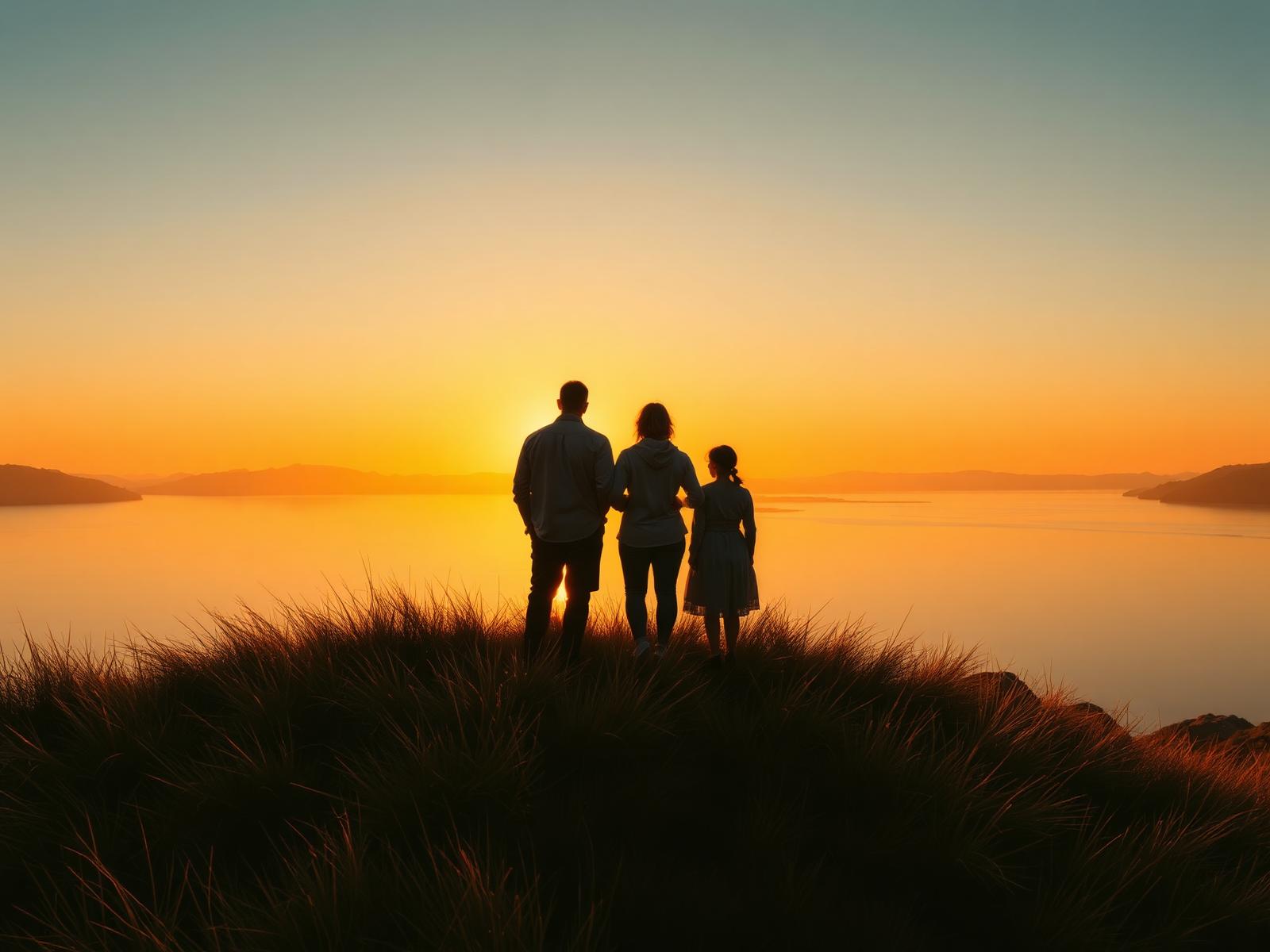 Family on a hilltop watching a golden sunset