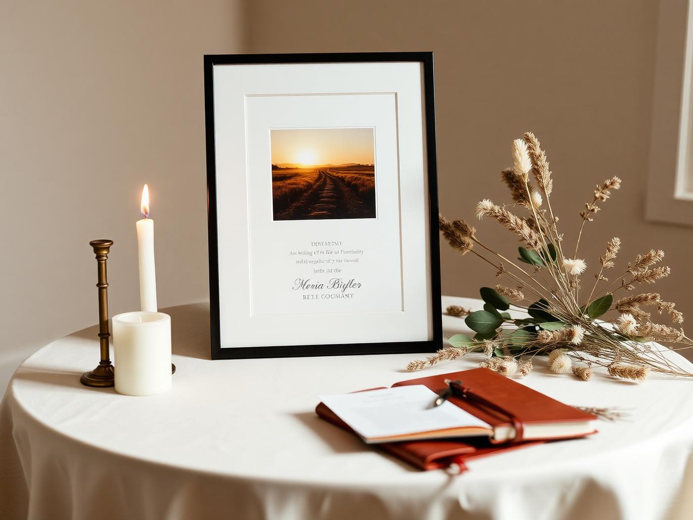 A memorial table with framed photograph, candle and journal